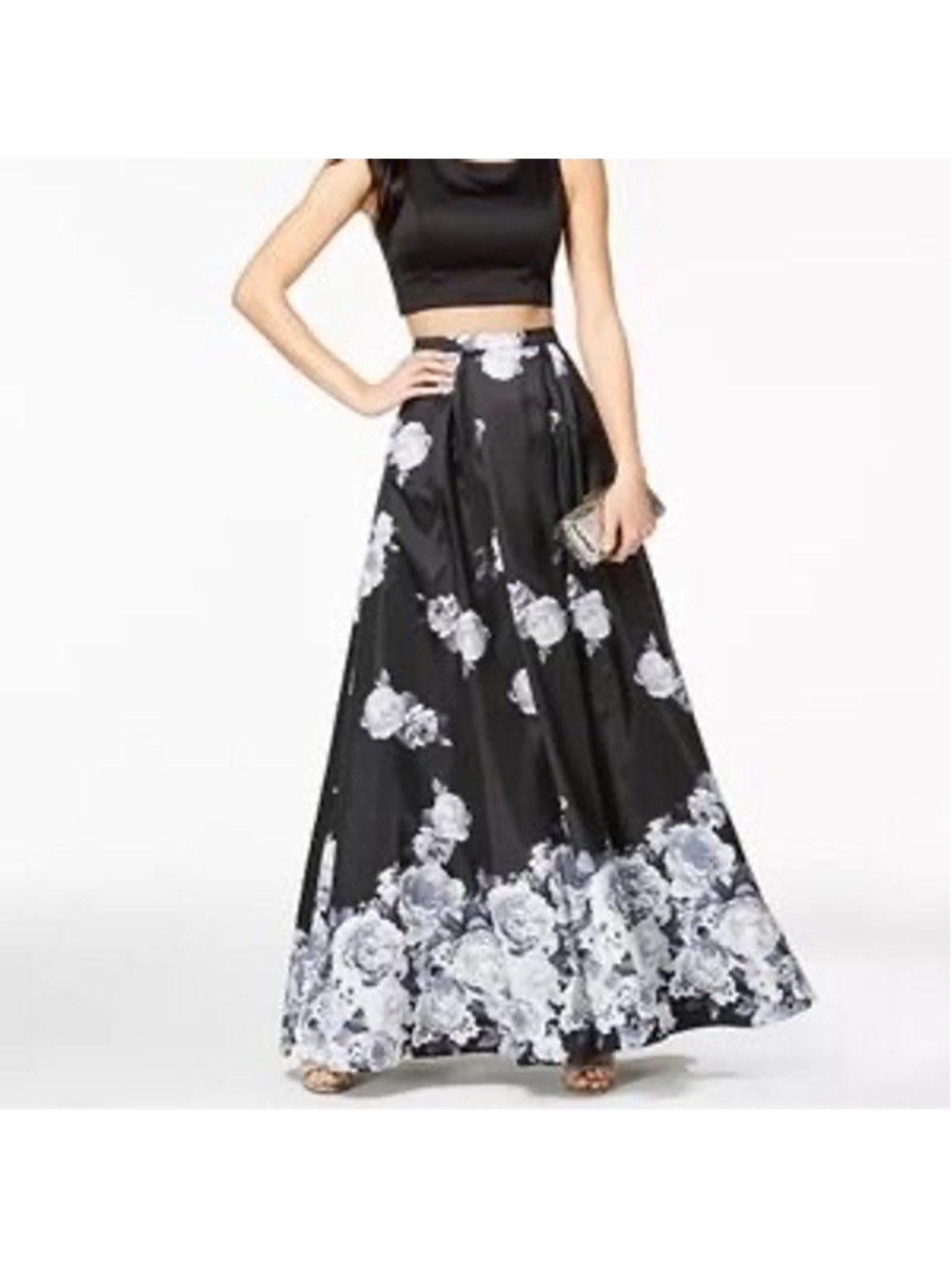 Sequin Hearts Floral Maxi Formal Full Skirt Black Ivory Size 7 NWT